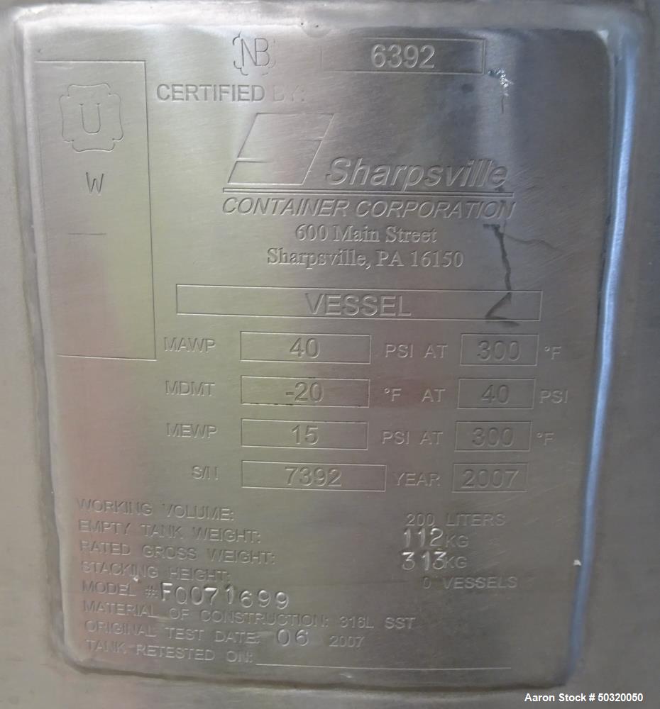 Used Sharpsville Pressure Mix Tank, 200 Liter, 316L Stainless Steel