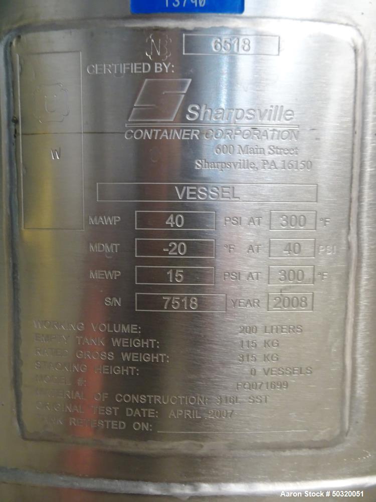 Used Sharpsville Pressure Mix Tank, 200 Liter, 316L Stainless Steel