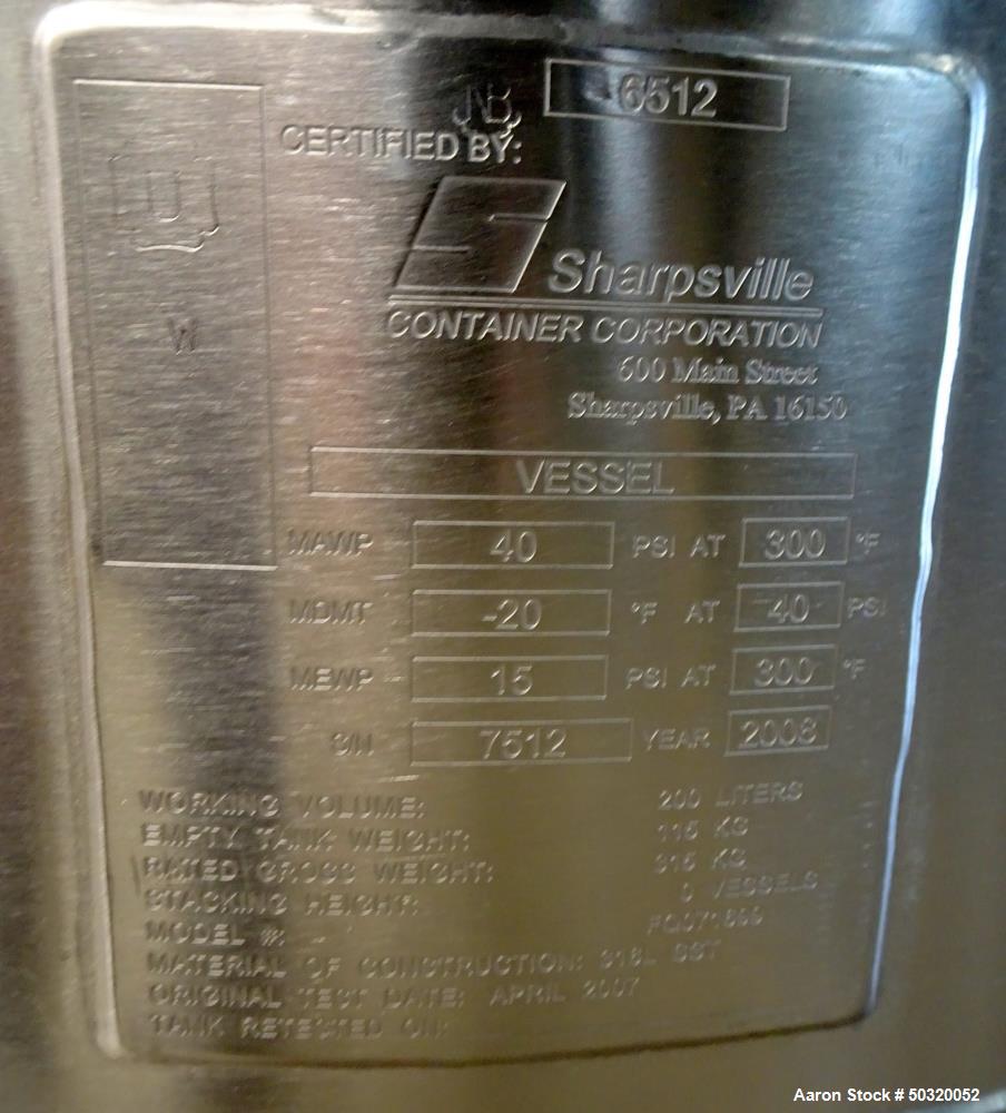 Used Sharpsville Pressure Mix Tank, 200 Liter, 316L Stainless Steel