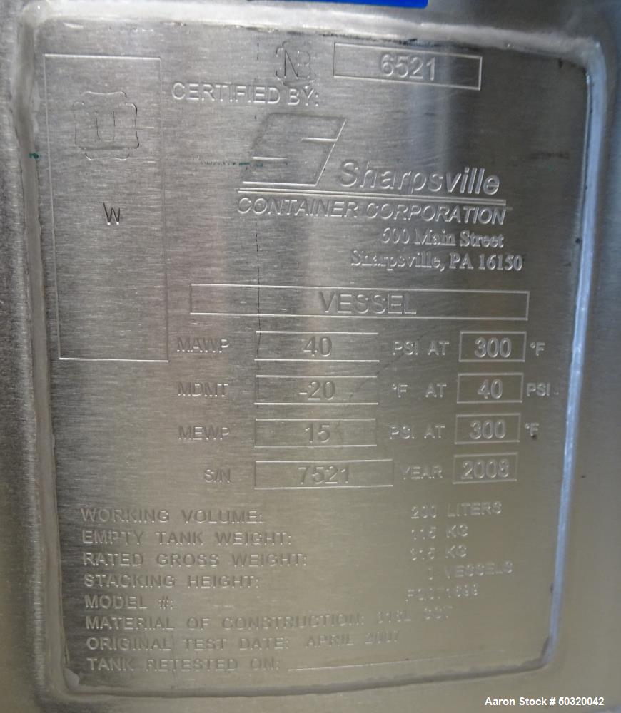 Used Sharpsville Pressure Mix Tank, 200 Liter, Model 200 Liter