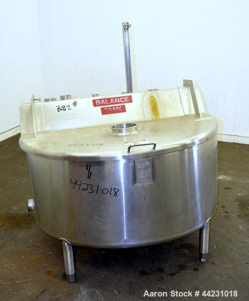 Used Stainless Concepts Balance Tank, 200 Gallon, 316 Stainless Steel, Vertical. Approximate 50" diameter x 23" straight side. 2/3 Hinged top cover, sloped bottom. Openings top (3) 2", (6) 3", 6". Si...