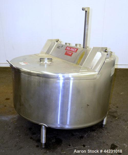 Used Stainless Concepts Balance Tank, 200 Gallon, 316 Stainless Steel, Vertical. Approximate 50" diameter x 23" straight side. 2/3 Hinged top cover, sloped bottom. Openings top (3) 2", (6) 3", 6". Si...