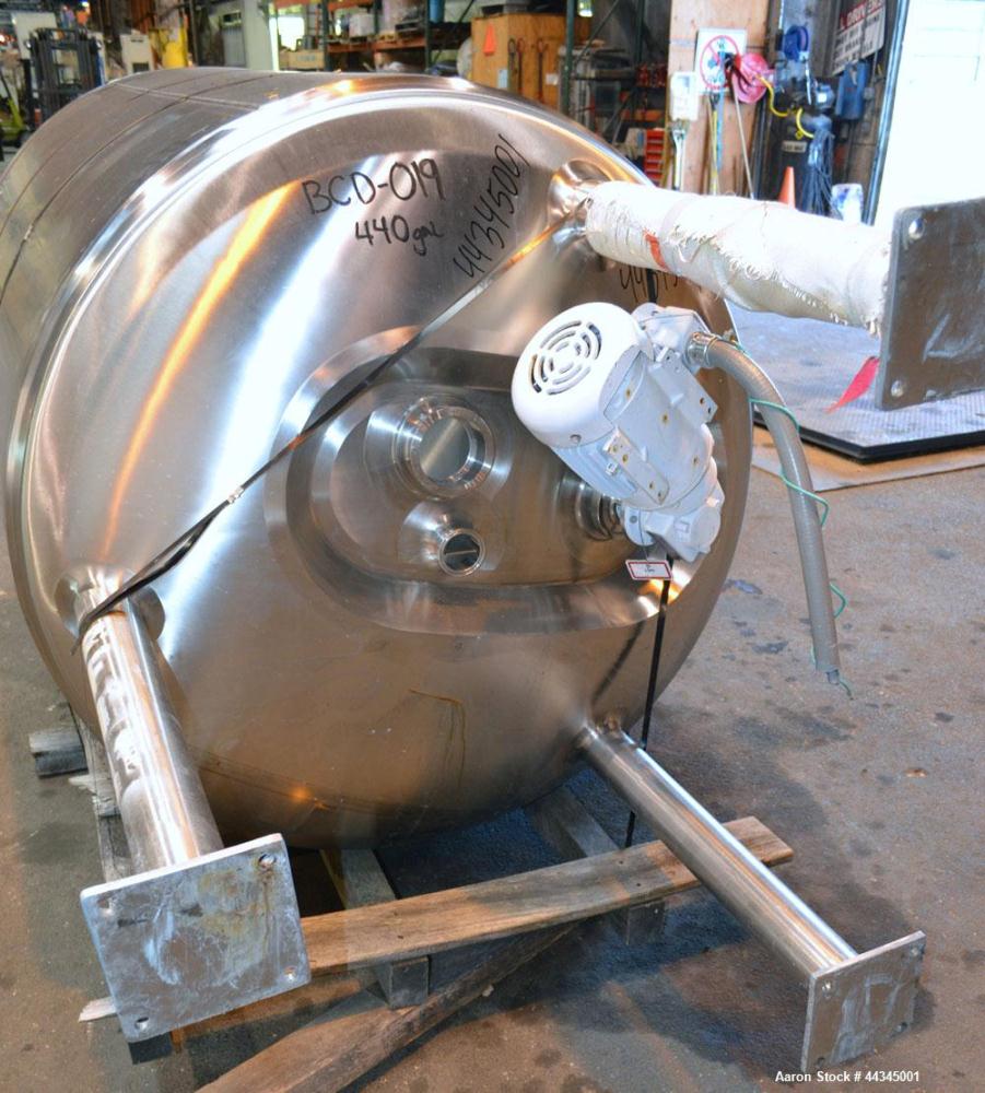 Used Stainless Fabrication Pressure Tank, 440 Gallon, 316 Stainless Steel, Vertical. 42" Diameter x 72" straight side, dished top and bottom. Insulated with 304 stainless steel sheathing. Internal ra...