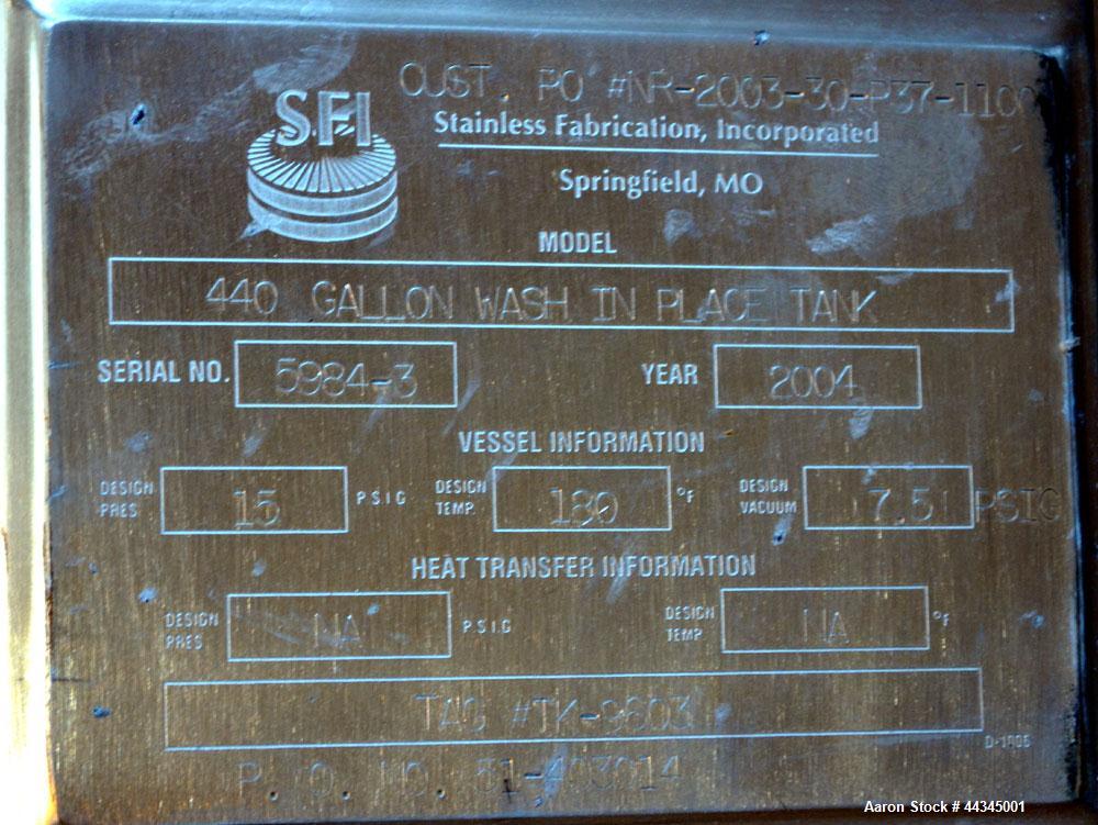 Used Stainless Fabrication Pressure Tank, 440 Gallon, 316 Stainless Steel, Vertical. 42" Diameter x 72" straight side, dished top and bottom. Insulated with 304 stainless steel sheathing. Internal ra...