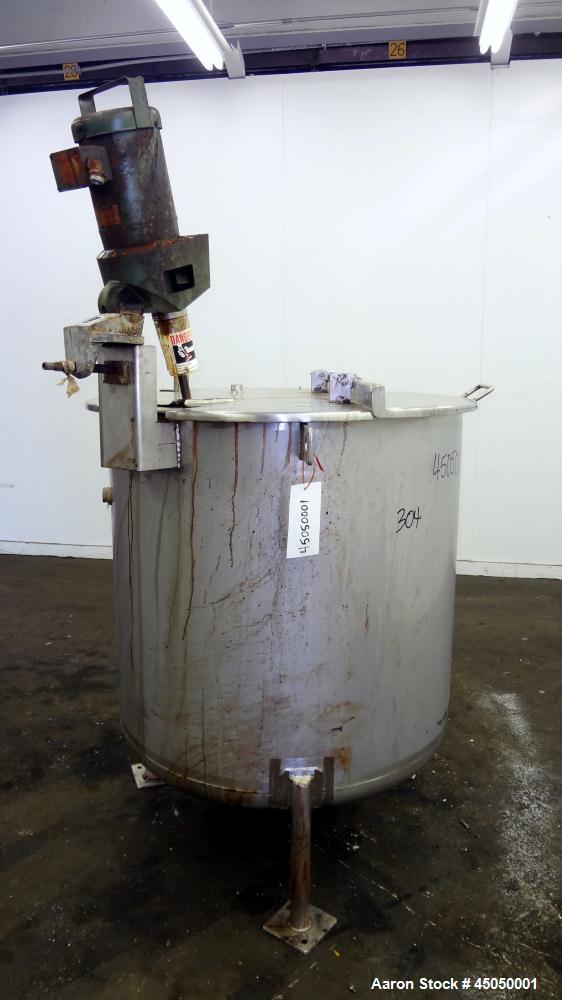 Used Stainless Fabrication Tank, 150 Gallon, 304 Stainless Steel, Vertical. Approximate 38" Diameter x 35" straight side, open top with a 1 piece 1/2 hinged cover, dished bottom. Internal rated atmos...