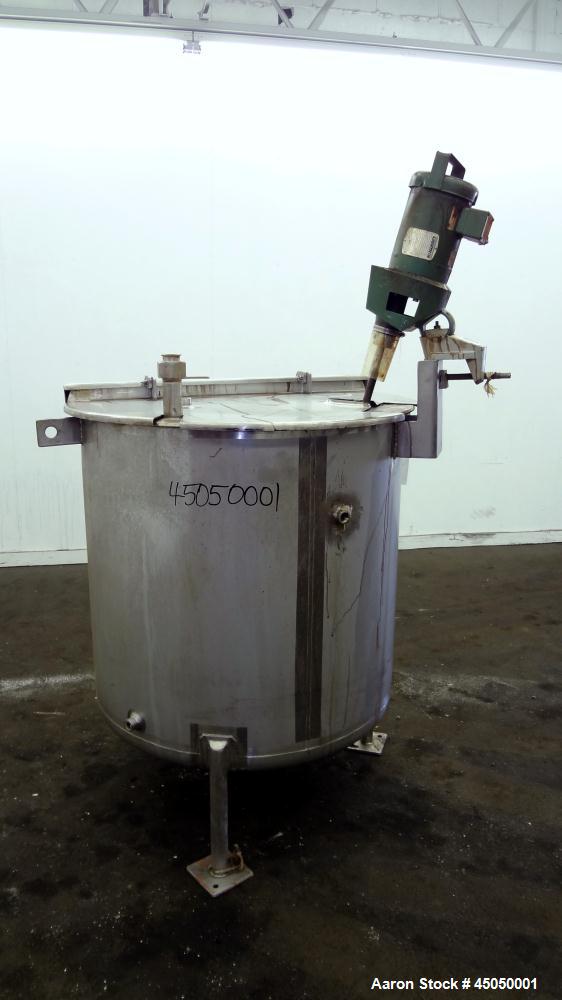 Used Stainless Fabrication Tank, 150 Gallon, 304 Stainless Steel, Vertical. Approximate 38" Diameter x 35" straight side, open top with a 1 piece 1/2 hinged cover, dished bottom. Internal rated atmos...