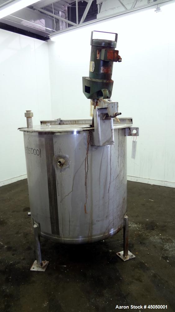 Used Stainless Fabrication Tank, 150 Gallon, 304 Stainless Steel, Vertical. Approximate 38" Diameter x 35" straight side, open top with a 1 piece 1/2 hinged cover, dished bottom. Internal rated atmos...