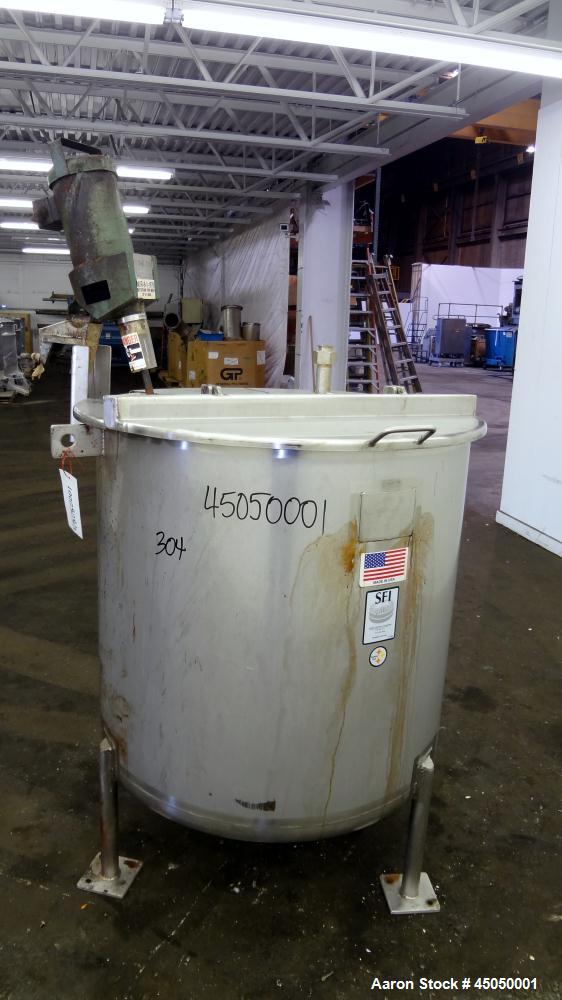 Used Stainless Fabrication Tank, 150 Gallon, 304 Stainless Steel, Vertical. Approximate 38" Diameter x 35" straight side, open top with a 1 piece 1/2 hinged cover, dished bottom. Internal rated atmos...