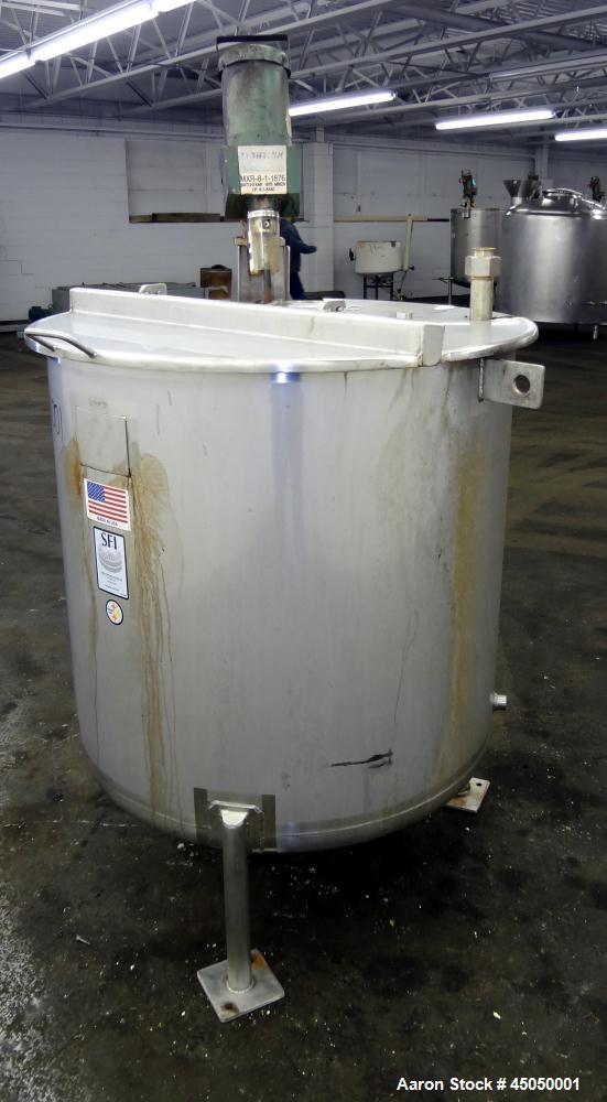 Used Stainless Fabrication Tank, 150 Gallon, 304 Stainless Steel, Vertical. Approximate 38" Diameter x 35" straight side, open top with a 1 piece 1/2 hinged cover, dished bottom. Internal rated atmos...