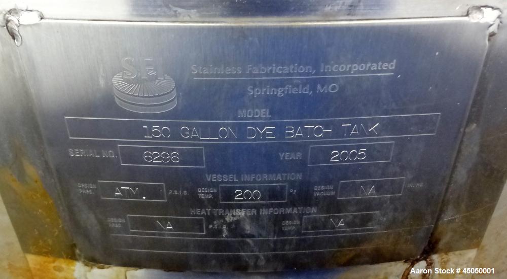 Used Stainless Fabrication Tank, 150 Gallon, 304 Stainless Steel, Vertical. Approximate 38" Diameter x 35" straight side, open top with a 1 piece 1/2 hinged cover, dished bottom. Internal rated atmos...