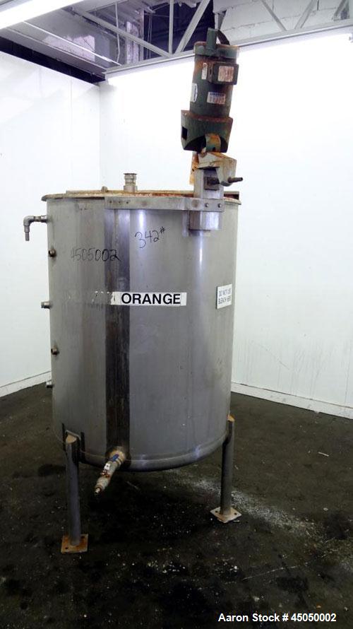 Used Stainless Fabrication Tank, 250 Gallon, 304 Stainless Steel, Vertical. Approximate 38" Diameter x 46" straight side, open top with a 1 piece 1/3 hinged cover, dished bottom. Internal rated atmos...