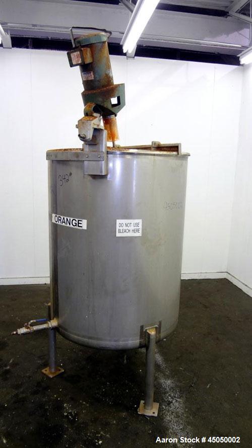 Used Stainless Fabrication Tank, 250 Gallon, 304 Stainless Steel, Vertical. Approximate 38" Diameter x 46" straight side, open top with a 1 piece 1/3 hinged cover, dished bottom. Internal rated atmos...