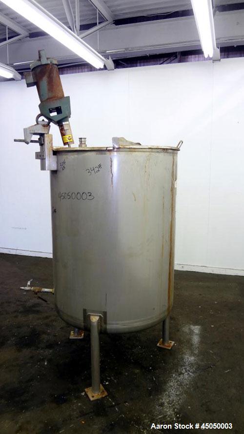 Used Stainless Fabrication Tank, 250 Gallon, 304 Stainless Steel, Vertical. Approximate 38" Diameter x 46" straight side, open top with a 1 piece 1/3 hinged cover, dished bottom. Internal rated atmos...