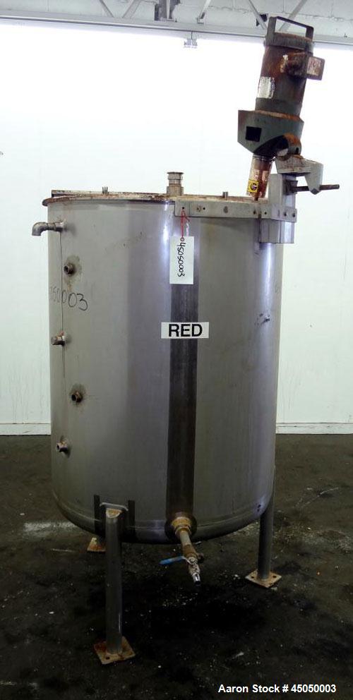 Used Stainless Fabrication Tank, 250 Gallon, 304 Stainless Steel, Vertical. Approximate 38" Diameter x 46" straight side, open top with a 1 piece 1/3 hinged cover, dished bottom. Internal rated atmos...