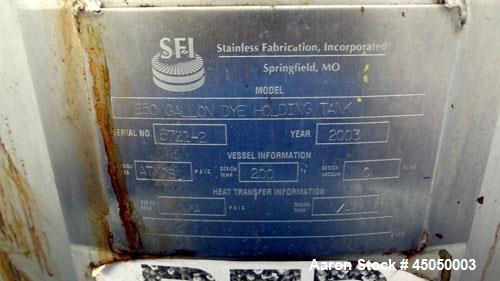 Used Stainless Fabrication Tank, 250 Gallon, 304 Stainless Steel, Vertical. Approximate 38" Diameter x 46" straight side, open top with a 1 piece 1/3 hinged cover, dished bottom. Internal rated atmos...