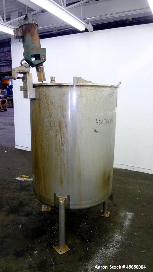 Used Stainless Fabrication Tank, 250 Gallon, 304 Stainless Steel, Vertical. Approximate 38" Diameter x 46" straight side, open top with a 1 piece 1/3 hinged cover, dished bottom. Internal rated atmos...