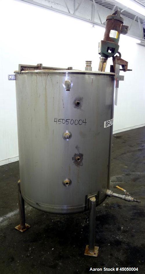 Used Stainless Fabrication Tank, 250 Gallon, 304 Stainless Steel, Vertical. Approximate 38" Diameter x 46" straight side, open top with a 1 piece 1/3 hinged cover, dished bottom. Internal rated atmos...