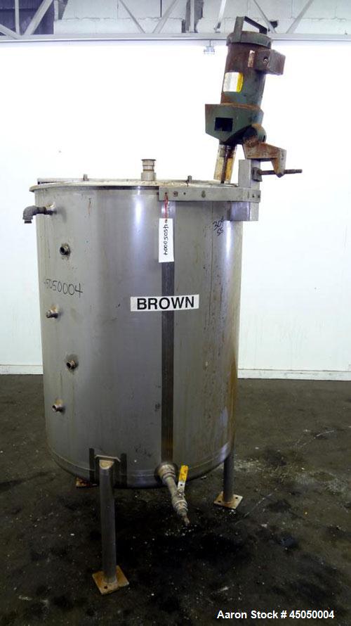 Used Stainless Fabrication Tank, 250 Gallon, 304 Stainless Steel, Vertical. Approximate 38" Diameter x 46" straight side, open top with a 1 piece 1/3 hinged cover, dished bottom. Internal rated atmos...