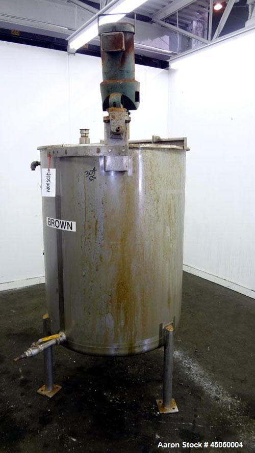 Used Stainless Fabrication Tank, 250 Gallon, 304 Stainless Steel, Vertical. Approximate 38" Diameter x 46" straight side, open top with a 1 piece 1/3 hinged cover, dished bottom. Internal rated atmos...