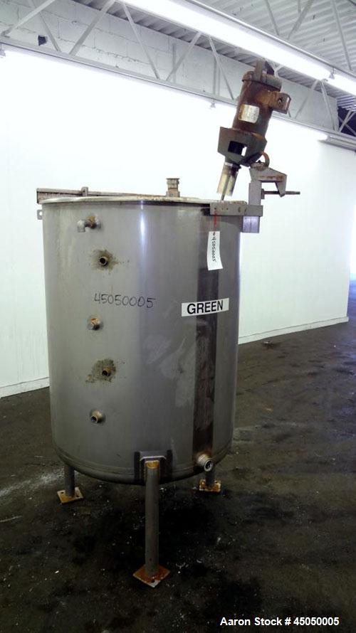 Used Stainless Fabrication Tank, 250 Gallon, 304 Stainless Steel, Vertical. Approximate 38" Diameter x 46" straight side, open top with a 1 piece 1/3 hinged cover, dished bottom. Internal rated atmos...