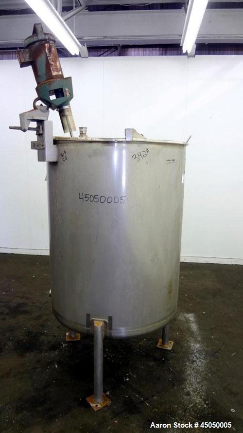Used Stainless Fabrication Tank, 250 Gallon, 304 Stainless Steel, Vertical. Approximate 38" Diameter x 46" straight side, open top with a 1 piece 1/3 hinged cover, dished bottom. Internal rated atmos...