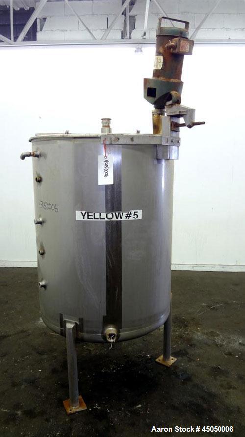 Used Stainless Fabrication Tank, 250 Gallon, 304 Stainless Steel, Vertical. Approximate 38" Diameter x 46" straight side, open top with a 1 piece 1/3 hinged cover, dished bottom. Internal rated atmos...