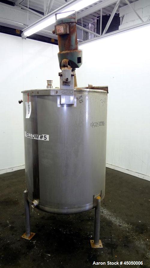 Used Stainless Fabrication Tank, 250 Gallon, 304 Stainless Steel, Vertical. Approximate 38" Diameter x 46" straight side, open top with a 1 piece 1/3 hinged cover, dished bottom. Internal rated atmos...