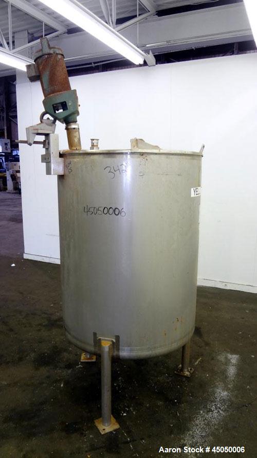 Used Stainless Fabrication Tank, 250 Gallon, 304 Stainless Steel, Vertical. Approximate 38" Diameter x 46" straight side, open top with a 1 piece 1/3 hinged cover, dished bottom. Internal rated atmos...
