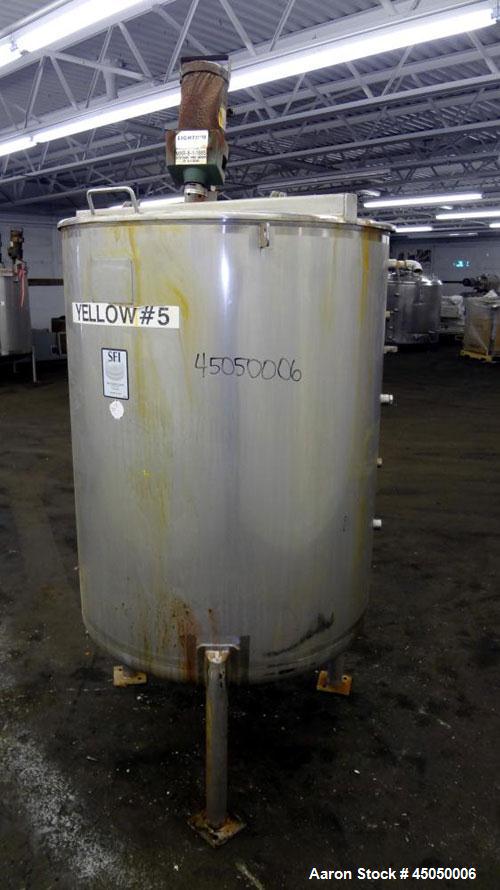 Used Stainless Fabrication Tank, 250 Gallon, 304 Stainless Steel, Vertical. Approximate 38" Diameter x 46" straight side, open top with a 1 piece 1/3 hinged cover, dished bottom. Internal rated atmos...