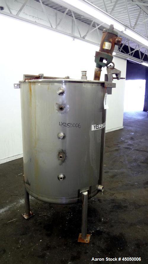 Used Stainless Fabrication Tank, 250 Gallon, 304 Stainless Steel, Vertical. Approximate 38" Diameter x 46" straight side, open top with a 1 piece 1/3 hinged cover, dished bottom. Internal rated atmos...