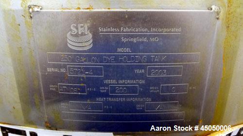 Used Stainless Fabrication Tank, 250 Gallon, 304 Stainless Steel, Vertical. Approximate 38" Diameter x 46" straight side, open top with a 1 piece 1/3 hinged cover, dished bottom. Internal rated atmos...
