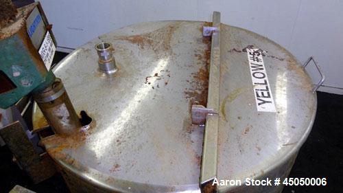 Used Stainless Fabrication Tank, 250 Gallon, 304 Stainless Steel, Vertical. Approximate 38" Diameter x 46" straight side, open top with a 1 piece 1/3 hinged cover, dished bottom. Internal rated atmos...