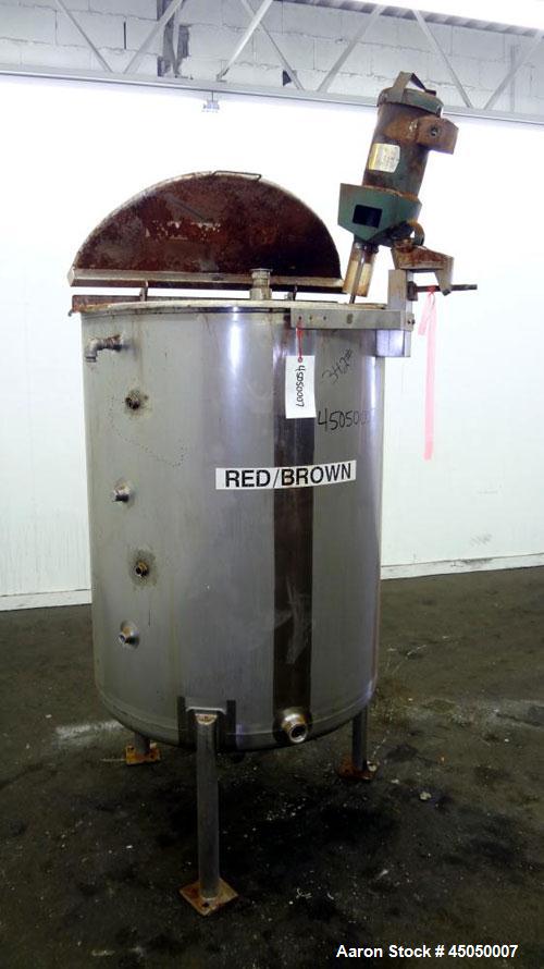 Used Stainless Fabrication Tank, 250 Gallon, 304 Stainless Steel, Vertical. Approximate 38" Diameter x 46" straight side, open top with a 1 piece 1/3 hinged cover, dished bottom. Internal rated atmos...
