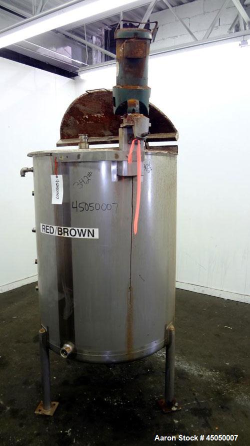 Used Stainless Fabrication Tank, 250 Gallon, 304 Stainless Steel, Vertical. Approximate 38" Diameter x 46" straight side, open top with a 1 piece 1/3 hinged cover, dished bottom. Internal rated atmos...