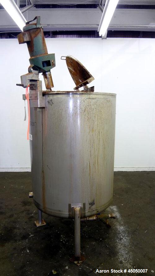 Used Stainless Fabrication Tank, 250 Gallon, 304 Stainless Steel, Vertical. Approximate 38" Diameter x 46" straight side, open top with a 1 piece 1/3 hinged cover, dished bottom. Internal rated atmos...