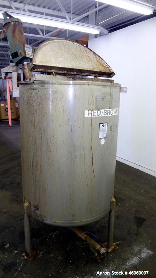 Used Stainless Fabrication Tank, 250 Gallon, 304 Stainless Steel, Vertical. Approximate 38" Diameter x 46" straight side, open top with a 1 piece 1/3 hinged cover, dished bottom. Internal rated atmos...