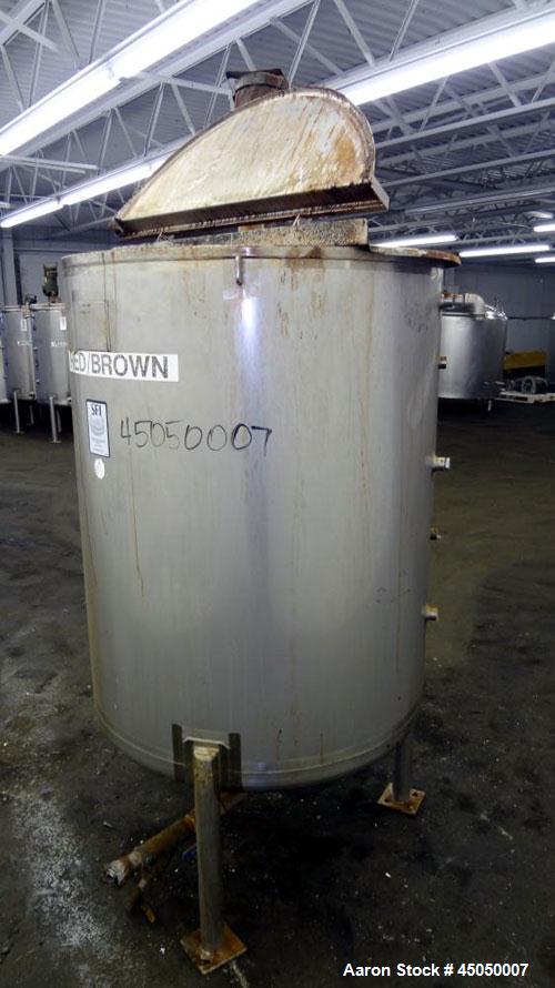 Used Stainless Fabrication Tank, 250 Gallon, 304 Stainless Steel, Vertical. Approximate 38" Diameter x 46" straight side, open top with a 1 piece 1/3 hinged cover, dished bottom. Internal rated atmos...