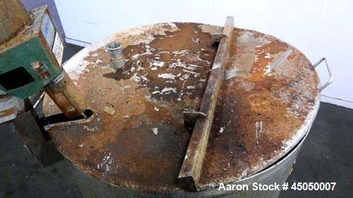 Used Stainless Fabrication Tank, 250 Gallon, 304 Stainless Steel, Vertical. Approximate 38" Diameter x 46" straight side, open top with a 1 piece 1/3 hinged cover, dished bottom. Internal rated atmos...