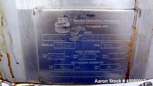 Used Stainless Fabrication Tank, 250 Gallon, 304 Stainless Steel, Vertical. Approximate 38" Diameter x 46" straight side, open top with a 1 piece 1/3 hinged cover, dished bottom. Internal rated atmos...