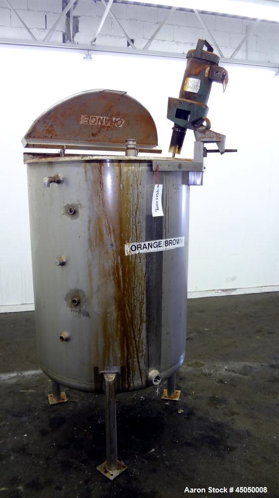 Used Stainless Fabrication Tank, 250 Gallon, 304 Stainless Steel, Vertical. Approximate 38" Diameter x 46" straight side, open top with a 1 piece 1/3 hinged cover, dished bottom. Internal rated atmos...