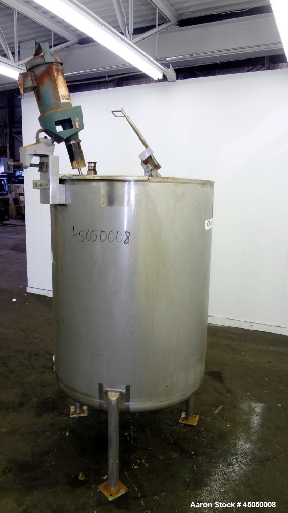 Used Stainless Fabrication Tank, 250 Gallon, 304 Stainless Steel, Vertical. Approximate 38" Diameter x 46" straight side, open top with a 1 piece 1/3 hinged cover, dished bottom. Internal rated atmos...