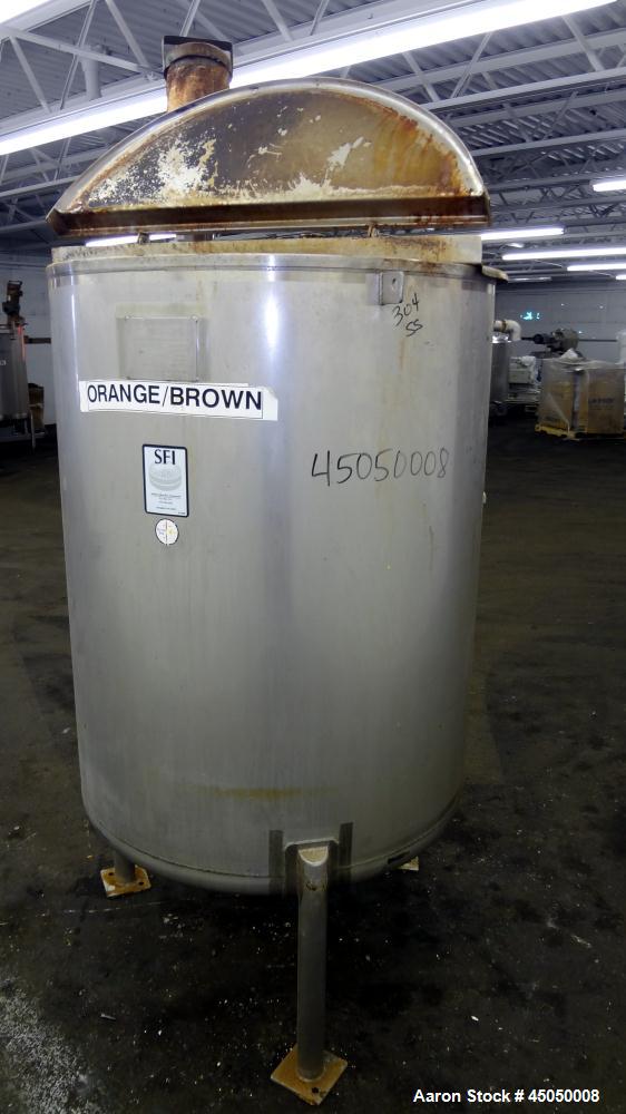 Used Stainless Fabrication Tank, 250 Gallon, 304 Stainless Steel, Vertical. Approximate 38" Diameter x 46" straight side, open top with a 1 piece 1/3 hinged cover, dished bottom. Internal rated atmos...