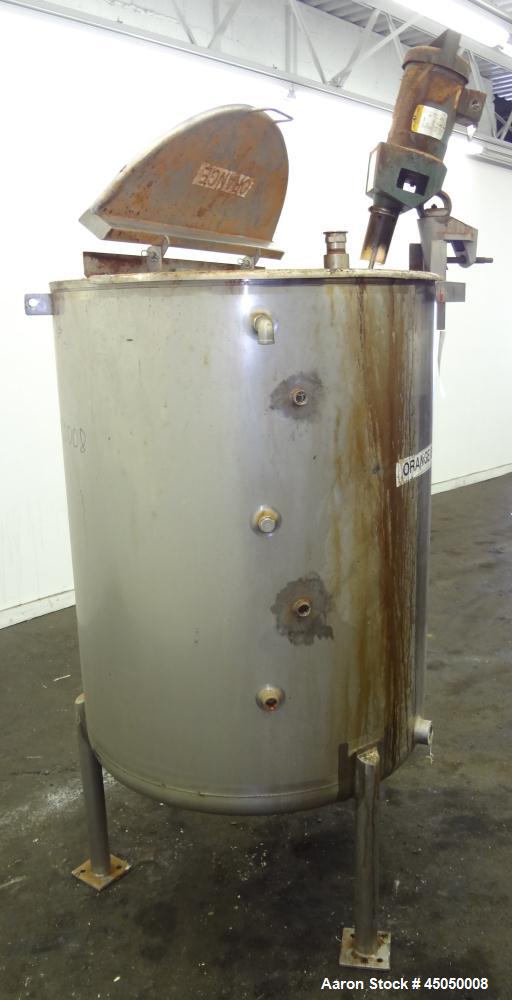 Used Stainless Fabrication Tank, 250 Gallon, 304 Stainless Steel, Vertical. Approximate 38" Diameter x 46" straight side, open top with a 1 piece 1/3 hinged cover, dished bottom. Internal rated atmos...