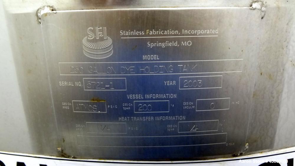 Used Stainless Fabrication Tank, 250 Gallon, 304 Stainless Steel, Vertical. Approximate 38" Diameter x 46" straight side, open top with a 1 piece 1/3 hinged cover, dished bottom. Internal rated atmos...