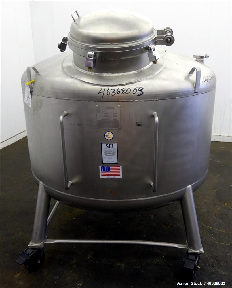 Used Stainless Fabrication Pressure Tank, 275 Gallon, 316L Stainless Steel, Vertical. 54" Diameter x 23-1/2" straight side, dished top and bottom. Internal rated 50 psi at -20 to 350 degrees F. Openi...