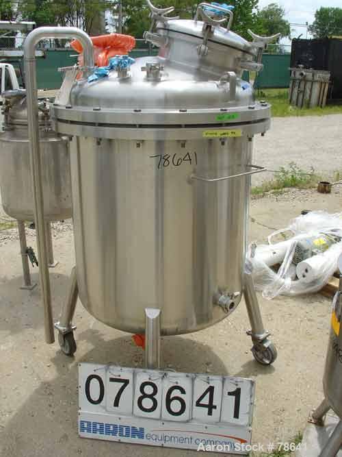 Used Stainless Fabrication Pressure Tank, 200 Gallon, 316 Stainless Steel, Vertical. 36" diameter x 37-3/4" straight side. Dished bolt-on top, dished bottom. Internal rated for 50 psi at 300 degrees ...