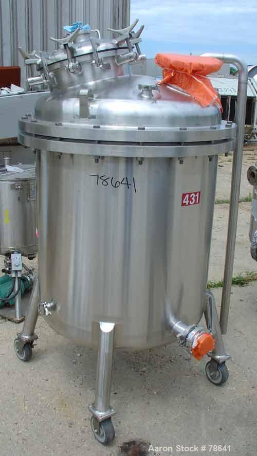 Used Stainless Fabrication Pressure Tank, 200 Gallon, 316 Stainless Steel, Vertical. 36" diameter x 37-3/4" straight side. Dished bolt-on top, dished bottom. Internal rated for 50 psi at 300 degrees ...
