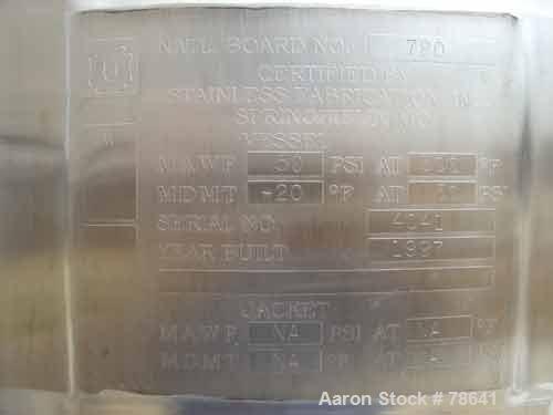Used Stainless Fabrication Pressure Tank, 200 Gallon, 316 Stainless Steel, Vertical. 36" diameter x 37-3/4" straight side. Dished bolt-on top, dished bottom. Internal rated for 50 psi at 300 degrees ...