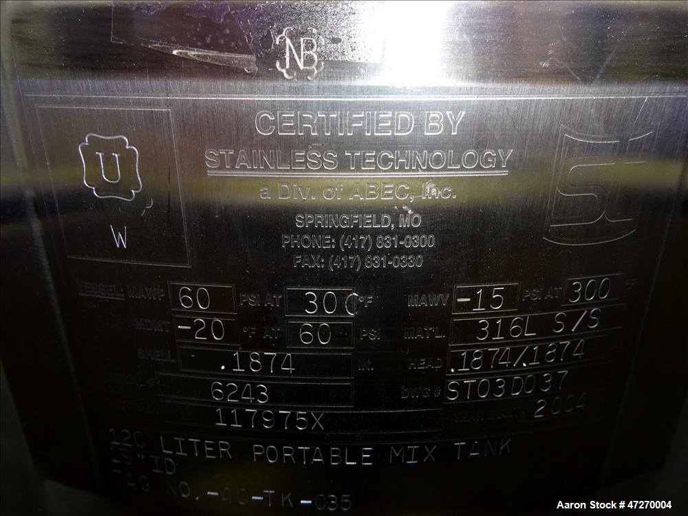 Used Stainless Steel Technology Pressure Tank, Approximate 32 Gallon (120 Liter