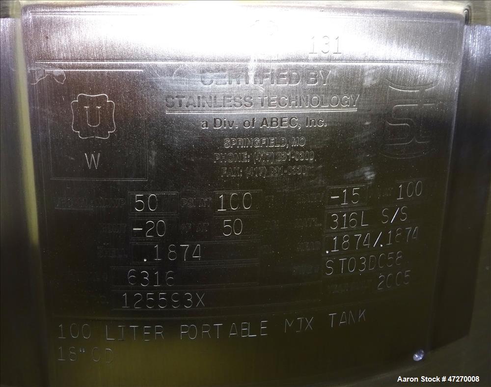 Used Stainless Steel Technology Pressure Tank, Approximate 26.4 Gallon (100 Lit
